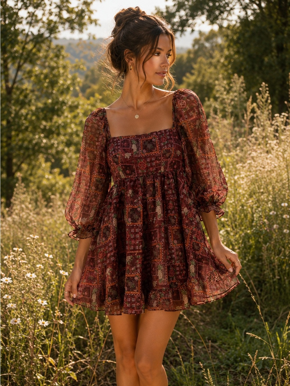 Brown Mini Dress with Smocked Ruffled Bishop Sleeves